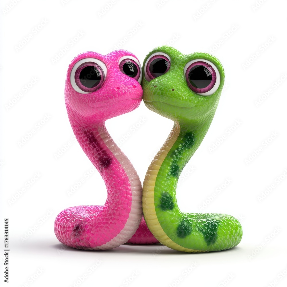 Fototapeta premium Two cartoon snakes one pink and one green with large eyes nuzzling affectionately on a white background