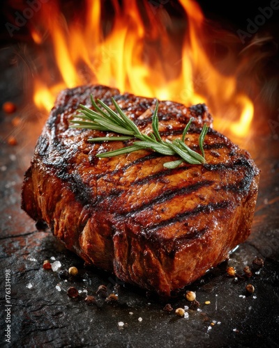 Grilled beef steak presentation with rosemary sprig and fire background close up studio shot