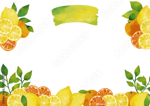 水彩風 冬の柑橘類（レモン・ミカン）フレーム Winter Fruits Series:Watercolor winter citrus (lemon, mandarin orange) frame