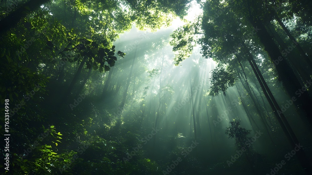 Fototapeta premium Sunbeams shine through the trees in a misty forest, creating a magical, ethereal atmosphere.