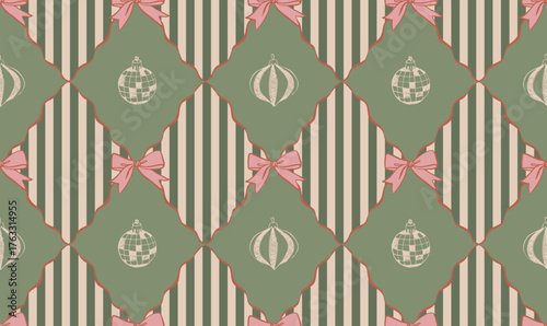 Vintage christmas seamless pattern with geometric shapes, striped background and pink bows. Perfect for holiday wrapping paper, gift packaging, winter greeting cards, fabric prints