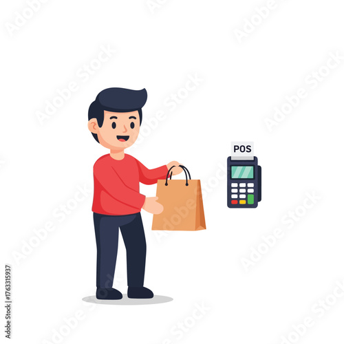 Happy shopper pays for purchases with card at point of sale terminal