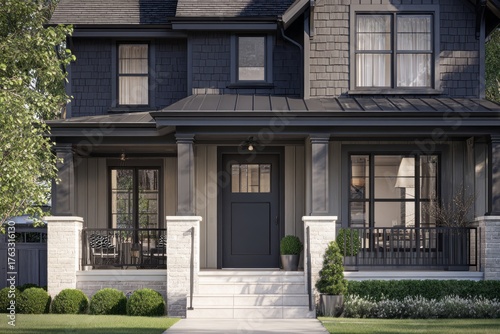 Wallpaper Mural Elegant modern dark-gray house with a welcoming porch and manicured landscaping. Torontodigital.ca