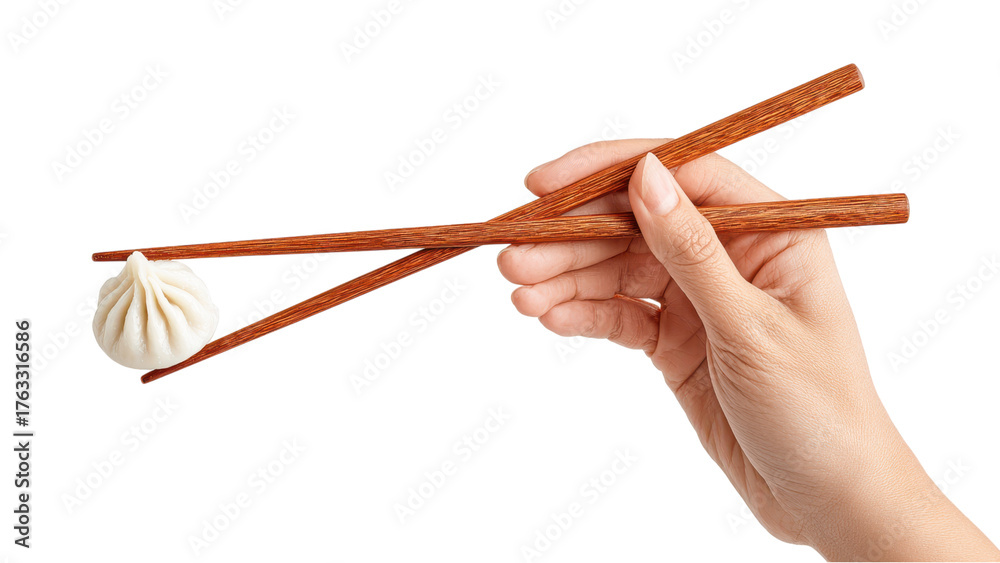 Fototapeta premium Hand Holding Dumpling with Chopsticks, Asian Cuisine Food Presentation