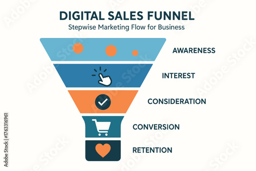 sales funnel infographic diagram digital business marketing concept flat minimal clean vector illustration stepwise marketing flow strategy conversion