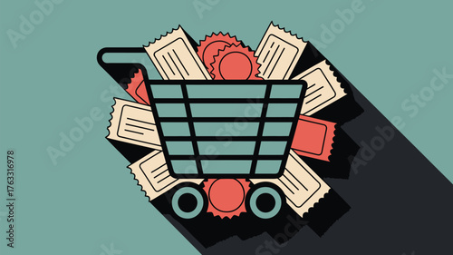 A shopping cart filled with tickets and circular objects on a teal colored background with a shadow