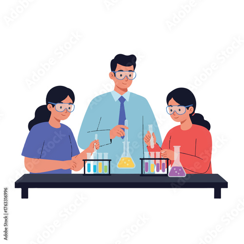 Vibrant 2D flat vector illustration showing a male science teacher supervising two focused students wearing protective goggles and mixing colorful liquids during a science lesson in the school lab.