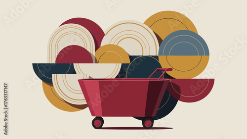 A shopping cart illustration on a checkered background with purple green and beige squares design