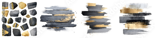 Elegant Abstract Textures Set: Watercolor Brush Strokes, Gold Accents and Geometric Stone Shapes on White Background - Artistic Painted Design