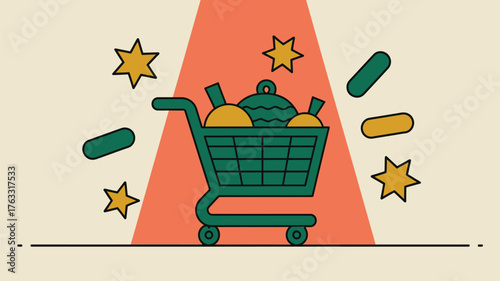 A green shopping cart filled with christmas ornaments under a spotlight with stars and capsules around it