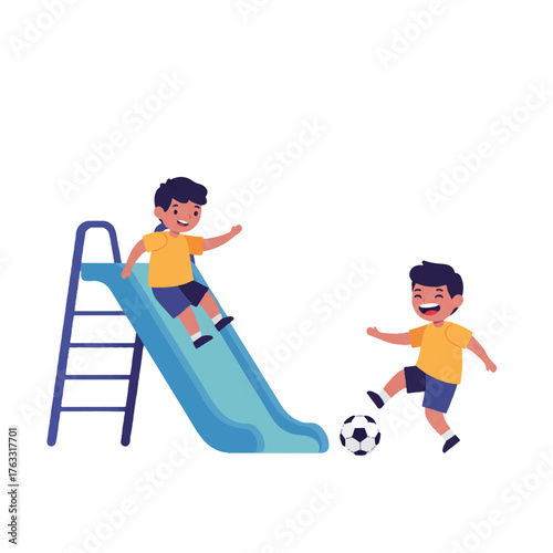 Vibrant 2D flat vector illustration of two happy young children enjoying school recess on a brightly colored playground, one kid sliding down a slide and the other kicking a soccer ball.