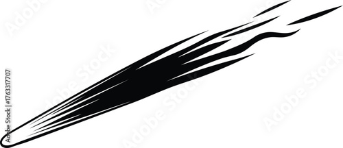 Black abstract comet streak with sharp trailing lines on white background shooting star space