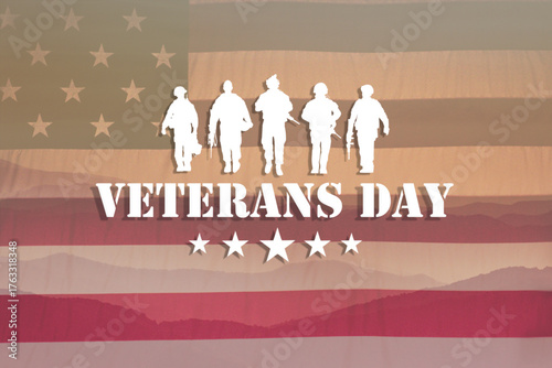 Heroic American flag poster with walking soldier silhouette, stars and sunset illustration. Great for veterans day 2025 banner, poster, greeting, social media, background and national pride theme. 