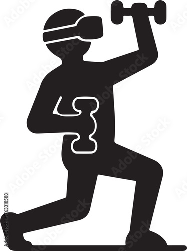 A black silhouette of a person wearing a VR headset and performing a lunge exercise with two dumbbells.