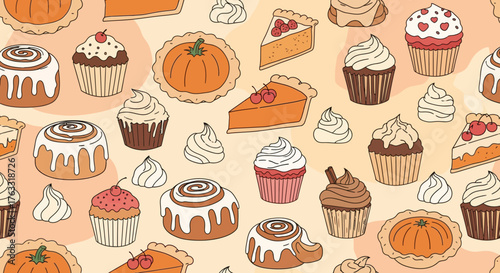 A delightful seamless pattern featuring hand-drawn autumn desserts like pumpkin pie, cinnamon rolls, and various frosted cupcakes for a cozy holiday feel