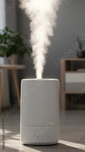 Modern white humidifier releasing cool mist in a bright living room interior, enhancing air quality and comfort. Sunlight streams through the window, creating a cozy atmosphere
