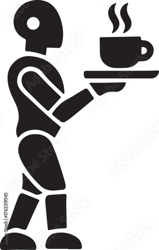 A stylized black silhouette of a robot holding a tray with a steaming cup of coffee, implying automated service.