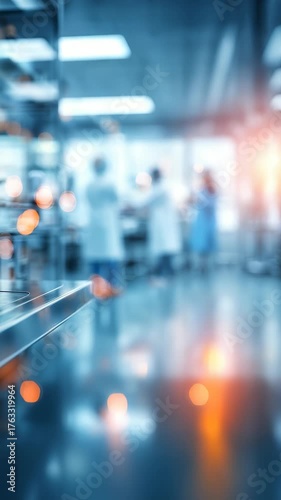 Modern laboratory interior with advanced scientific equipment and researchers working in the background. Futuristic medical research facility with innovative technology and bright lighting