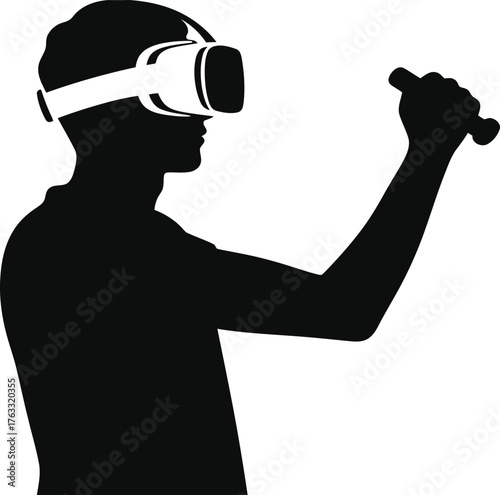A black silhouette of a person wearing a VR headset and holding a motion controller, interacting with a virtual world.