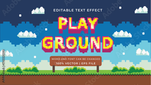 Play ground pixelated game vector text effect. Editable 3D pixel font style.	
