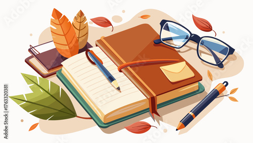 
Very beautiful composition of a leather notebook, elegant pen, and reading glasses arranged neatly on a clean white background, symbolizing creativity, writing, and thoughtful inspiration in minimal 