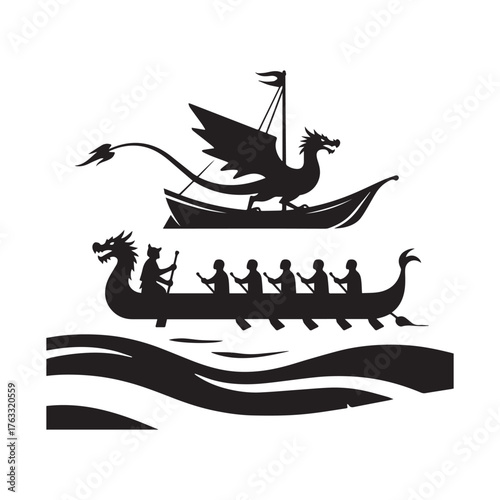 Black Silhouette Vector of Dragon Boat and Viking Ship with Nautical Fantasy Theme. 