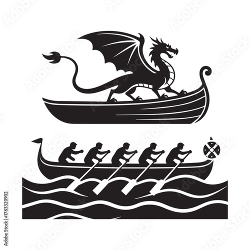 Black Silhouette Vector of Dragon Boat and Viking Ship with Nautical Fantasy Theme. 