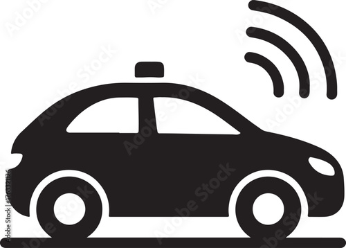 A black silhouette of a car with a sensor on top, emitting wireless signals, indicating autonomous or connected vehicle technology.