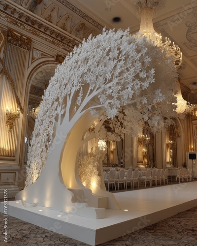 Elegant wedding venue with paper tree art installation and chandeliers in ballroom setting for event