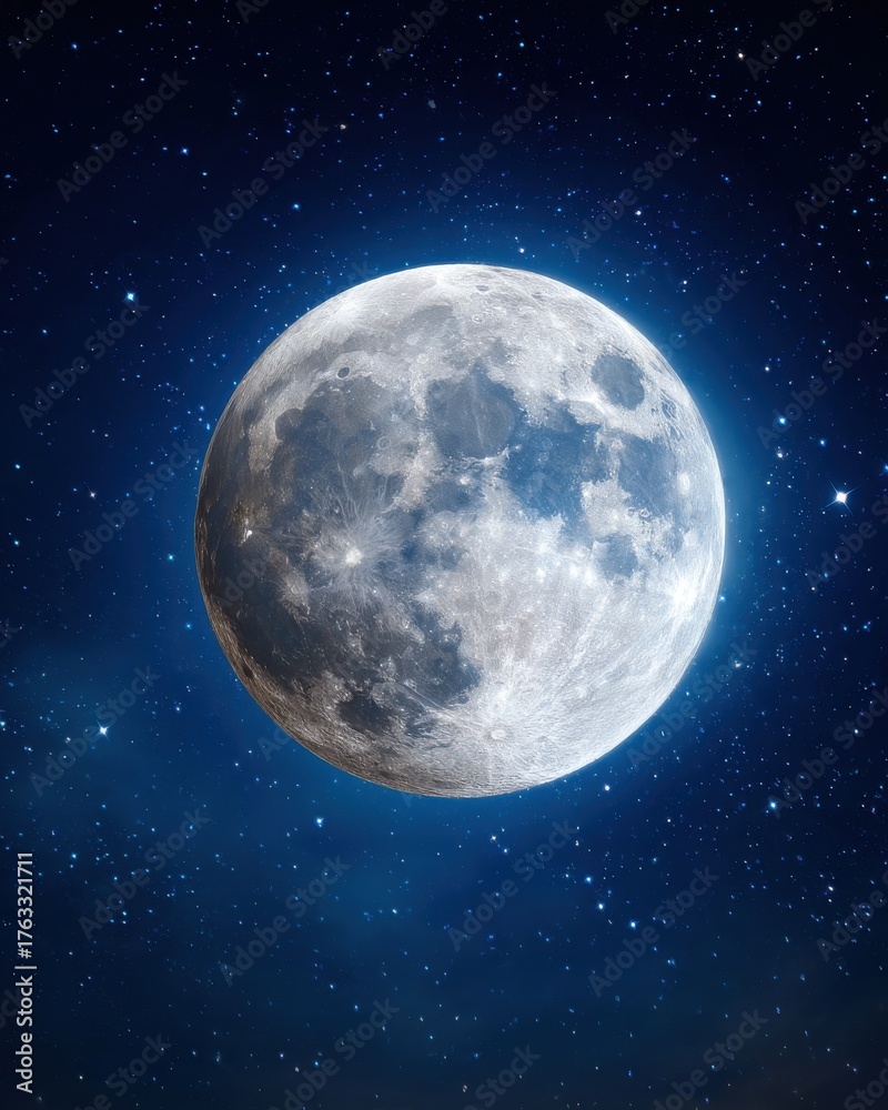 Fototapeta premium Full Moon Shining Brightly in Night Sky with Starry Background Celestial Sphere Close Up Vertical