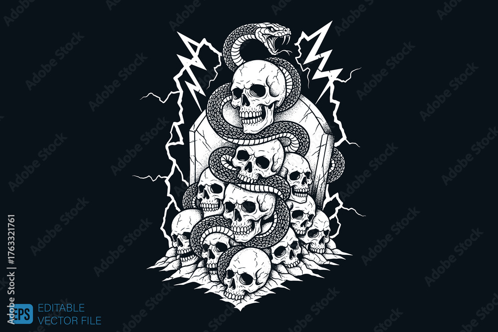 Fototapeta premium Skull and Snake Pile with Lightning Strikes.