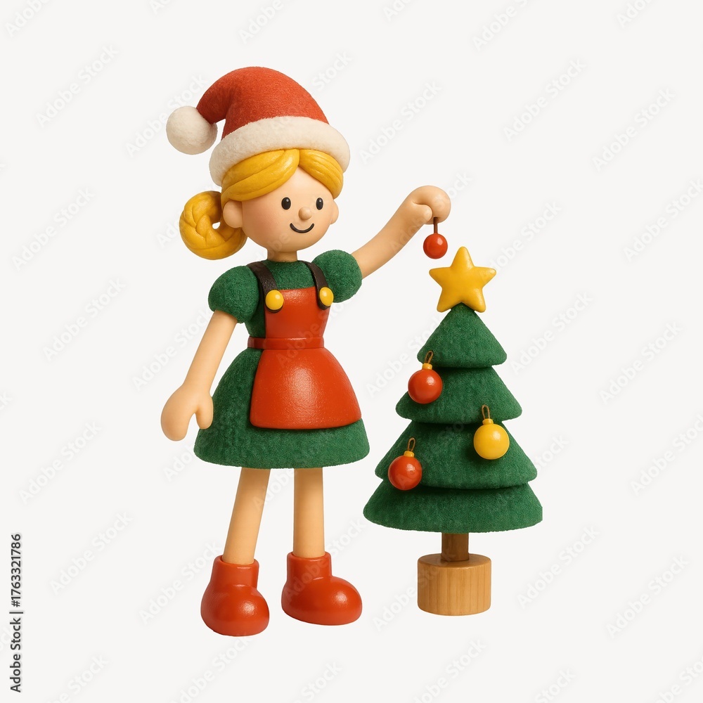 Fototapeta premium Festive wooden doll decorates tree.