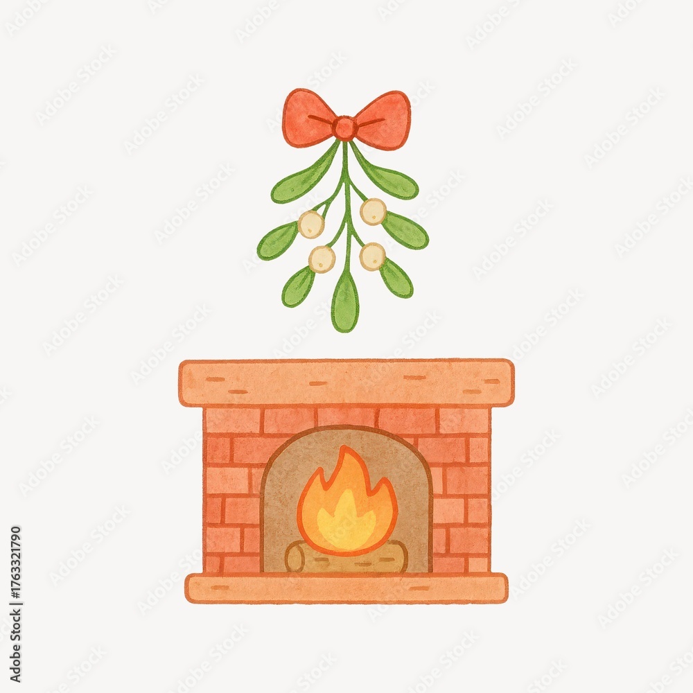 Fototapeta premium Cozy fireplace with mistletoe illustration.