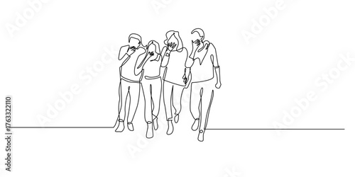 Continuous line drawing of a group of people laughing and teasing together.
One line drawing showing four friends sharing jokes and laughter in a playful moment.