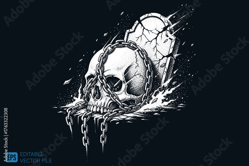 Skull and Tombstone with Chain Illustration.