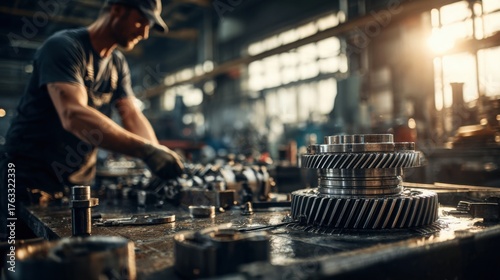Close-up of a mechanic using tools to repair a complex gear system, showcasing hands-on engineering work in an industrial environment.