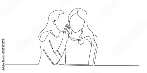 Continuous line drawing of two women whispering a secret.
One line drawing of a friend sharing a secret with another woman.single line vector illustration