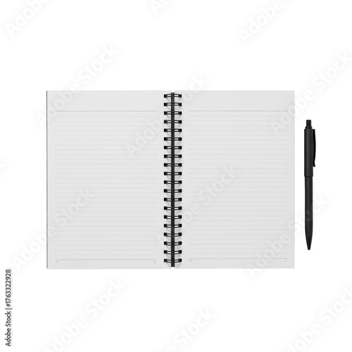 Open spiral-bound notebook, blank pages, black binding, minimalist black rollerball pen transparent background, high-key lit, top-down, concept of professional order
