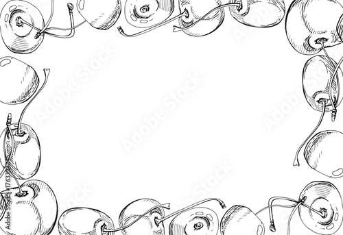 Sweet sour line cherry berries on stems, hand drawn vector ink, scattered ripe cerise drupes. Horizontal border frame isolated illustration. For restaurant cafe dessert menu, wedding, farmers market