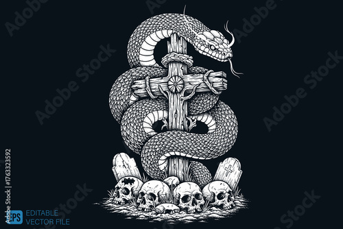 Serpent entwined around a weathered cross with skulls at its bas