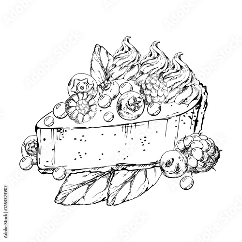 Ripe blueberries and raspberries, fresh berries on souffle cheesecake portion with mint sprigs and mousse swirl. Vector ink dessert illustration. Packaging, dessert web graphics, bakery label designs.