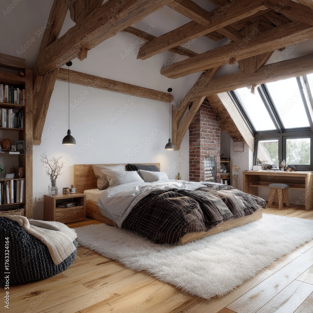 Naklejka premium Cozy bedroom interior design with wooden beams and brick fireplace in attic apartment daytime view