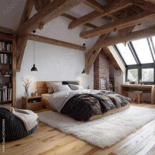 Cozy bedroom interior design with wooden beams and brick fireplace in attic apartment daytime view