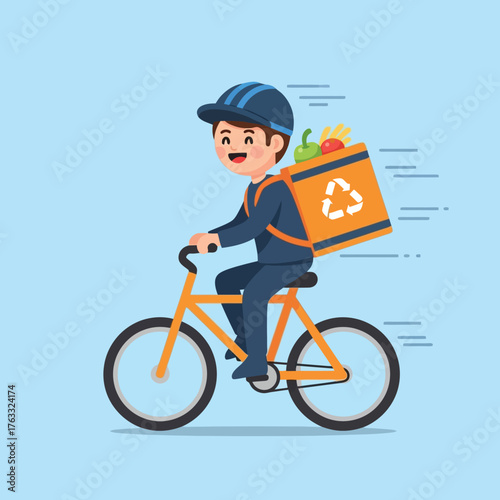 Eco friendly delivery service with cyclist on bicycle in motion quickly