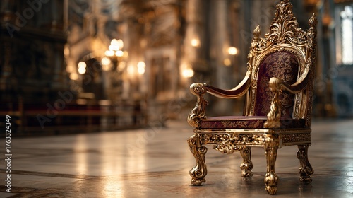 throne. Empty ornate throne in grand hall with soft side lighting and shallow depth of field. real-estate listings.