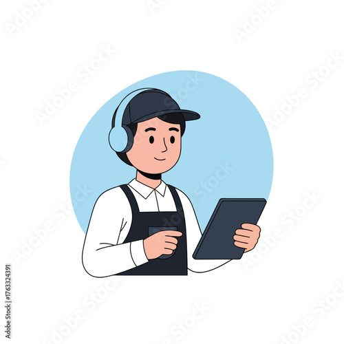 Friendly worker using tablet with headphones for efficient online orders