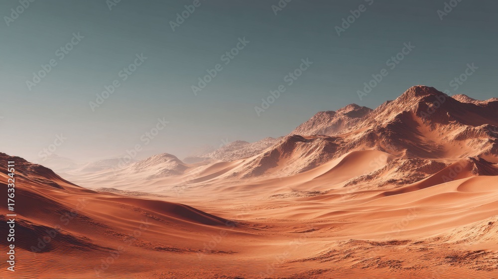 Naklejka premium Vast Desert Landscape with Rolling Sand Dunes and Mountain View