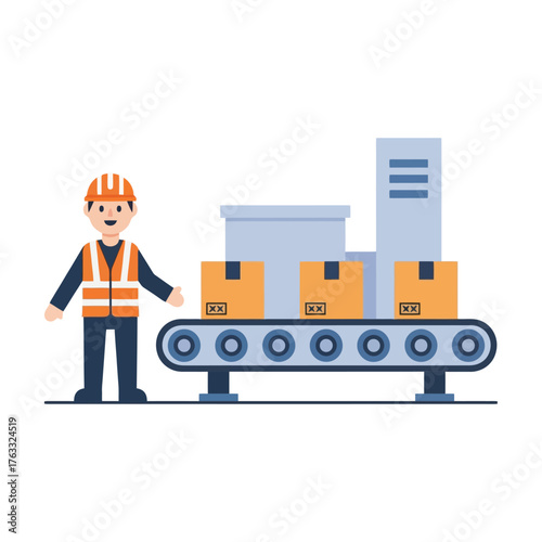 Warehouse worker oversees automated conveyor belt with packaged goods