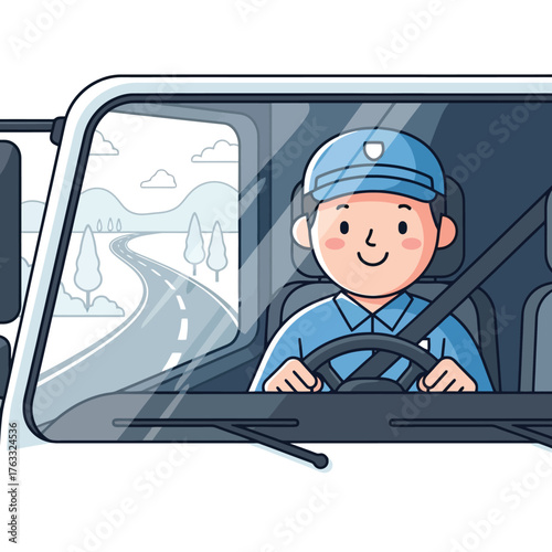 Smiling delivery driver navigates scenic road, ensuring timely arrivals