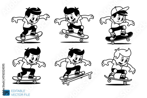 Skateboarders in action, performing tricks, black and white illu